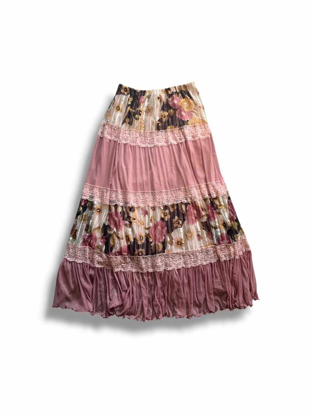 Boho Tiered Pink Floral Lace Maxi Skirt
